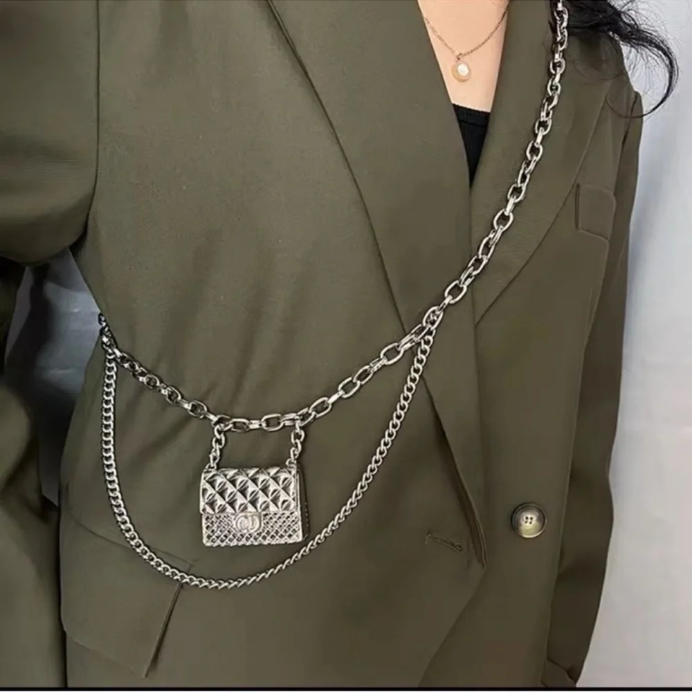 Anthropologie Fashion Tassel Silver Chain Belt with mini Bag Trendy!